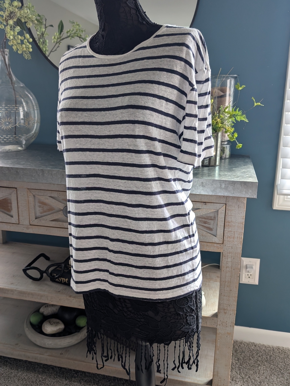 Zara Navy and White Striped Short-Sleeve Tee